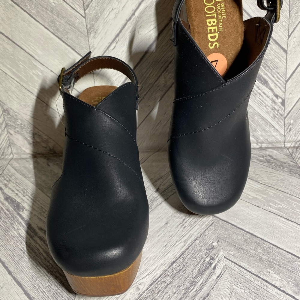 NEW FOOTBEDS WHITE MOUNTAINS BLACK & BROWN ADJUSTABLE STRAP CLOG BLOCK HEEL SZ 7 - Picture 2 of 8